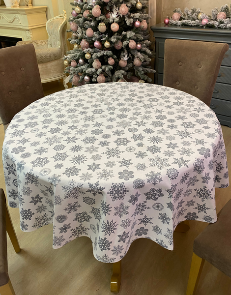 Новорічна скатертина тефлонова Delight Біла з сірими сніжинками White_grey_snow фото