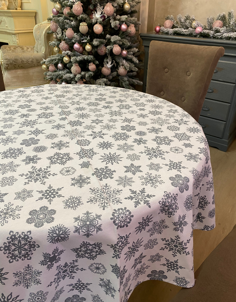 Новорічна скатертина тефлонова Delight Біла з сірими сніжинками White_grey_snow фото